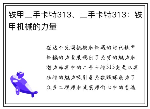 铁甲二手卡特313、二手卡特313：铁甲机械的力量