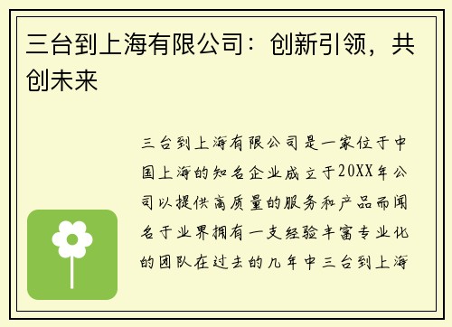 三台到上海有限公司：创新引领，共创未来